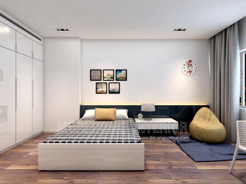 Giường ngủ gỗ công nghiệp màu trắng với gam màu trắng chủ đạo gợi nên cảm giác cơi nới cho khu vực phòng ngủ nhỏ như chung cư, nhà phố