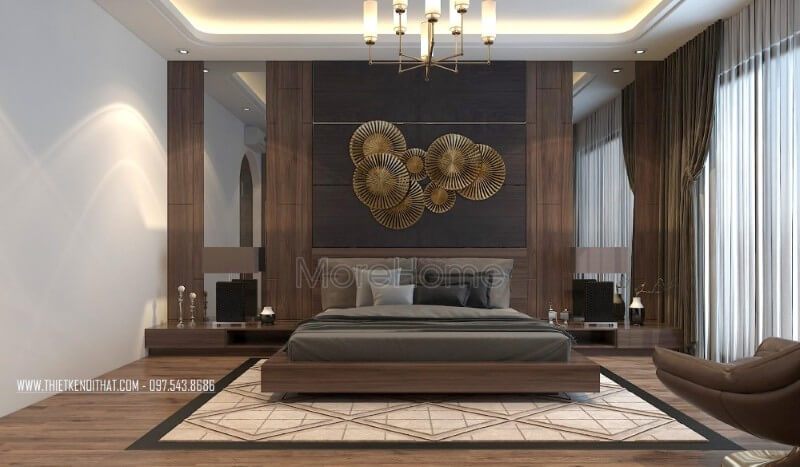 Thiết kế giường ngủ gỗ công nghiệp cho phòng ngủ Master ấn tượng, gam màu nâu trầm giúp không gian phòng ngủ ấm áp, thân thiện, tạo cảm giác dễ chịu